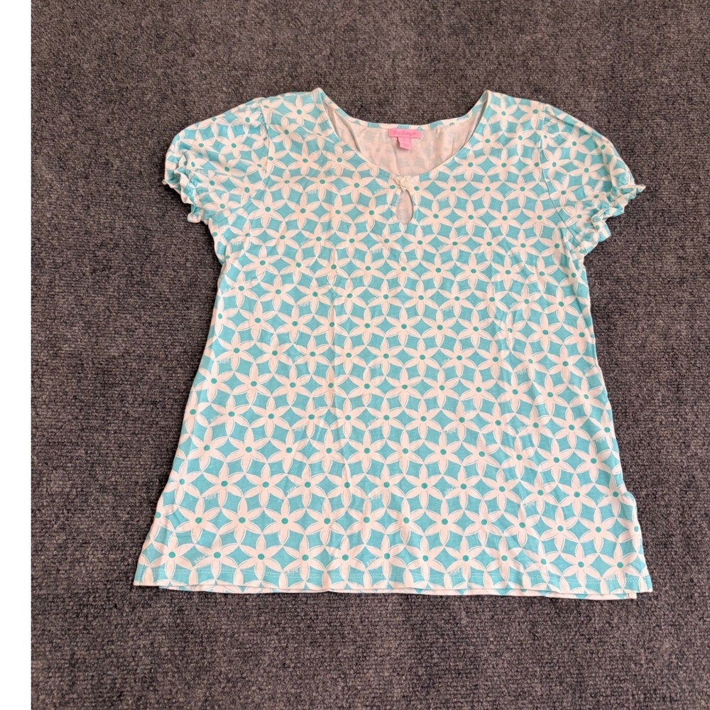 Lilly Pulitzer Aqua Blue White Floral Keyhole Puff Sleeve Top Small Cotton Modal